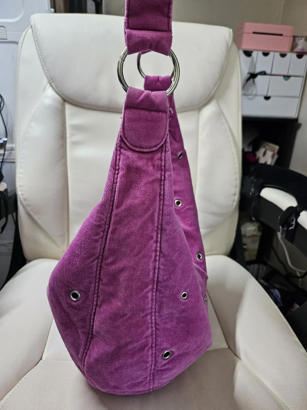 Suede-Effect Hobo Bag in Fuchsia with Eyelet Detail